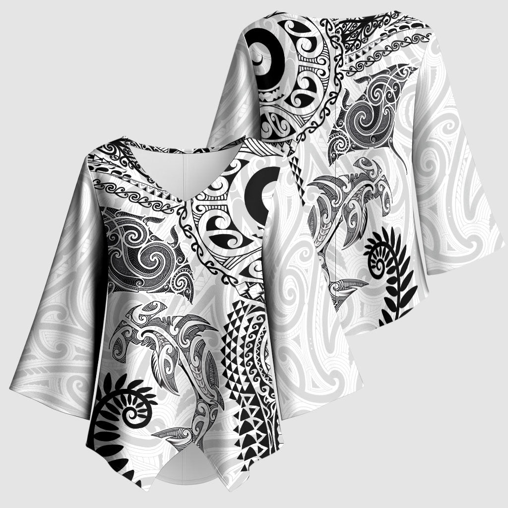 Aotearoa Maori Sea Animals Tribal Kimono Sleeve Blouse Manta Ray and Shark Moko Pattern White Color