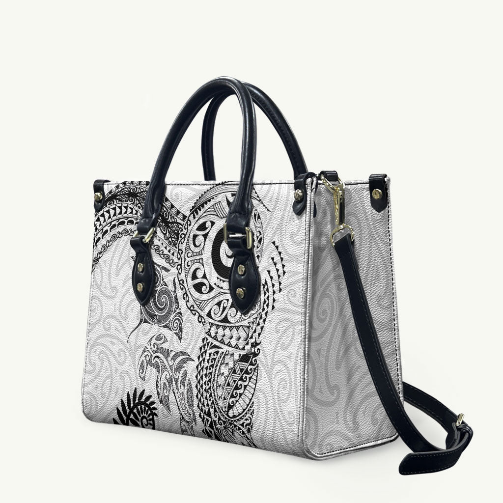 Aotearoa Maori Sea Animals Tribal Leather Bag Manta Ray and Shark Moko Pattern White Color