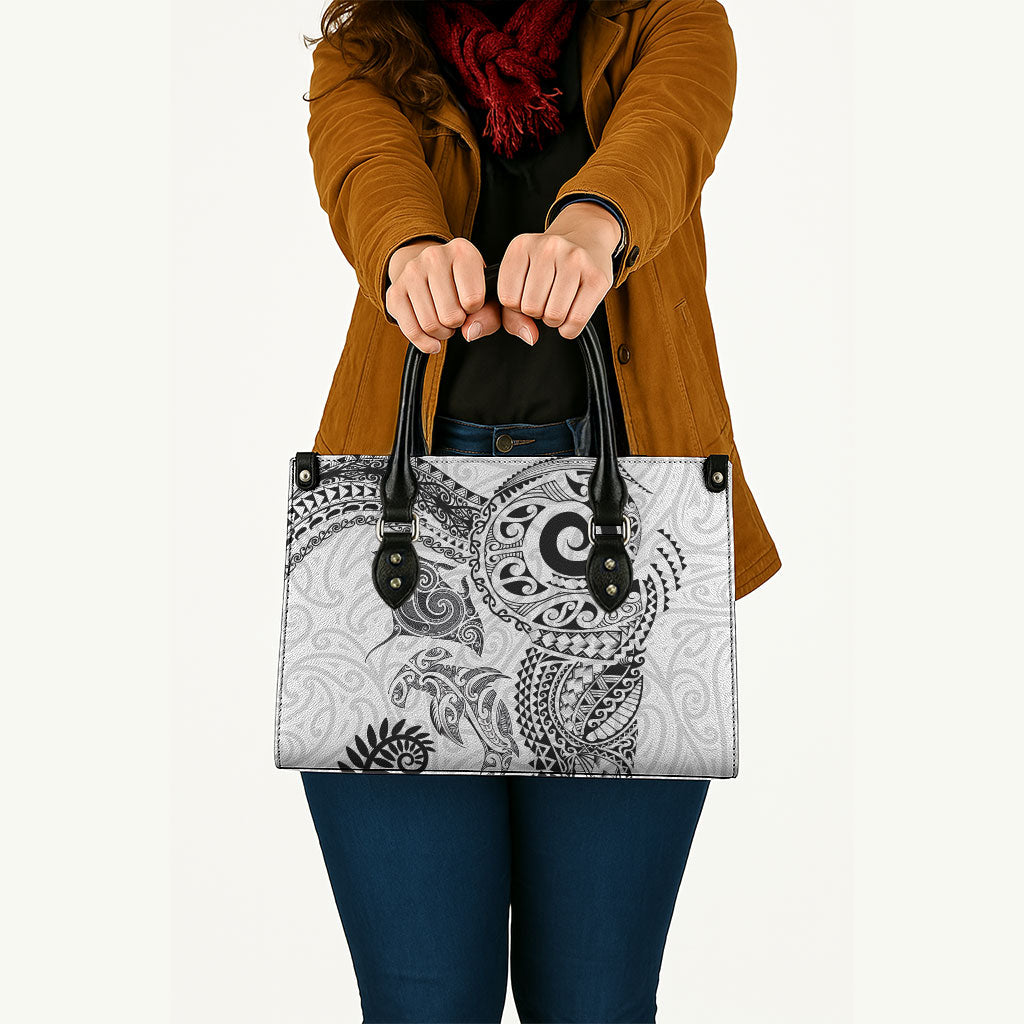 Aotearoa Maori Sea Animals Tribal Leather Bag Manta Ray and Shark Moko Pattern White Color