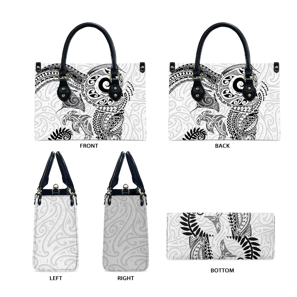 Aotearoa Maori Sea Animals Tribal Leather Bag Manta Ray and Shark Moko Pattern White Color