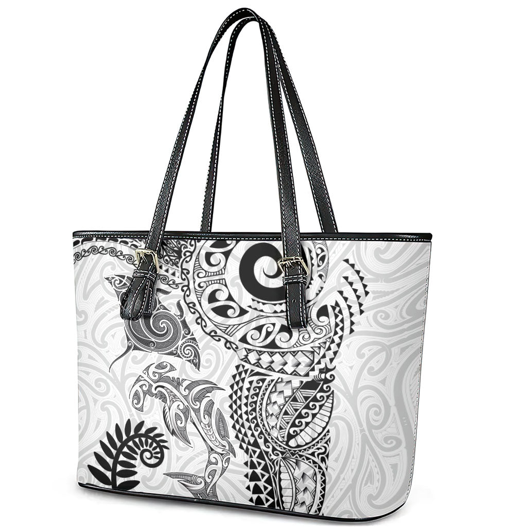 Aotearoa Maori Sea Animals Tribal Leather Tote Bag Manta Ray and Shark Moko Pattern White Color