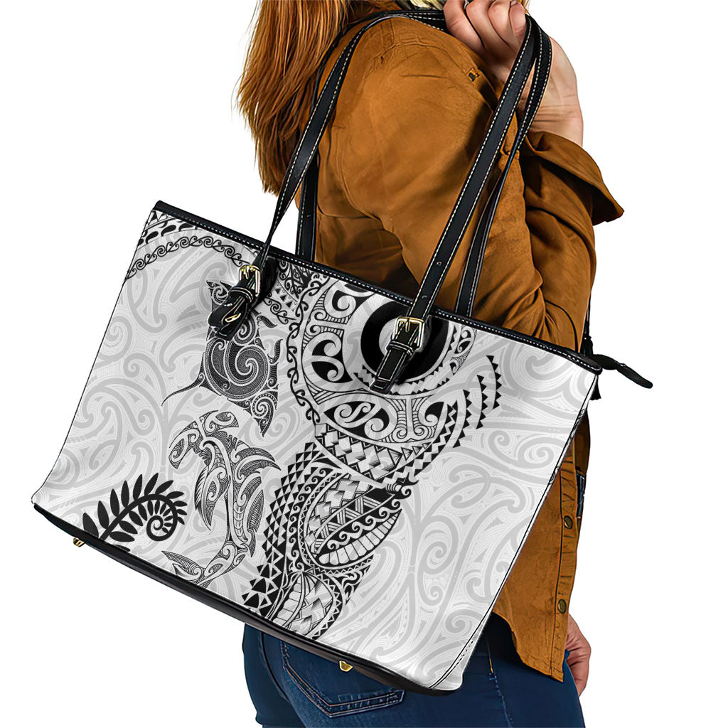 Aotearoa Maori Sea Animals Tribal Leather Tote Bag Manta Ray and Shark Moko Pattern White Color