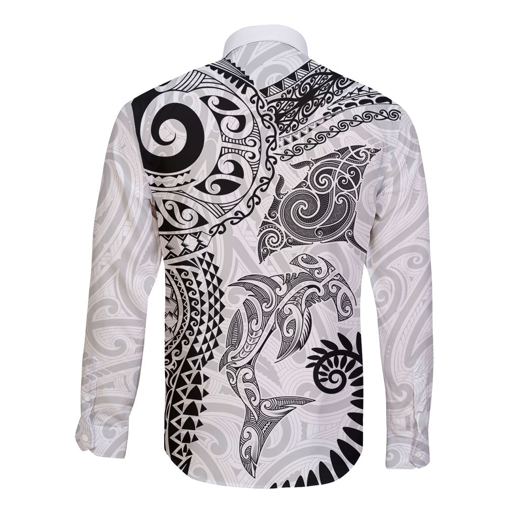 Aotearoa Maori Sea Animals Tribal Long Sleeve Button Shirt Manta Ray and Shark Moko Pattern White Color