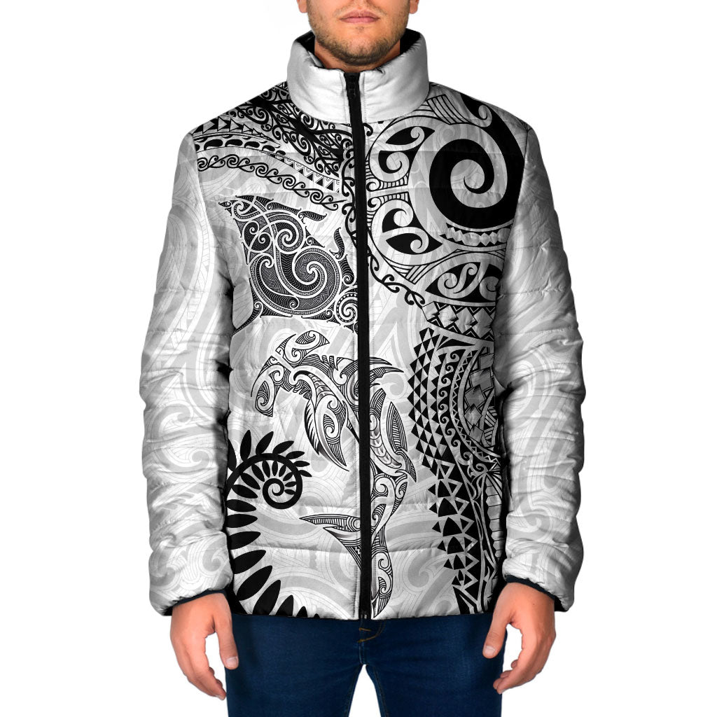 Aotearoa Maori Sea Animals Tribal Padded Jacket Manta Ray and Shark Moko Pattern White Color