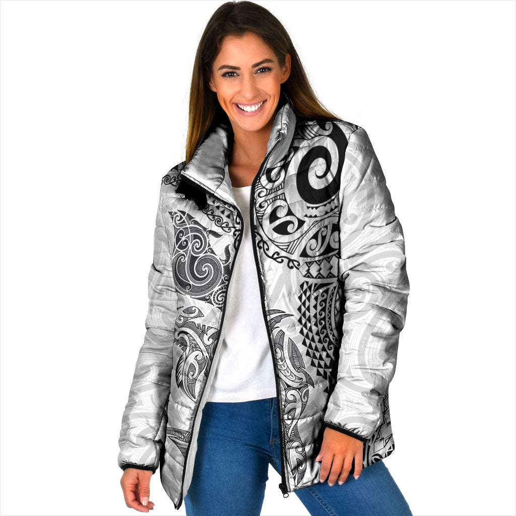 Aotearoa Maori Sea Animals Tribal Padded Jacket Manta Ray and Shark Moko Pattern White Color