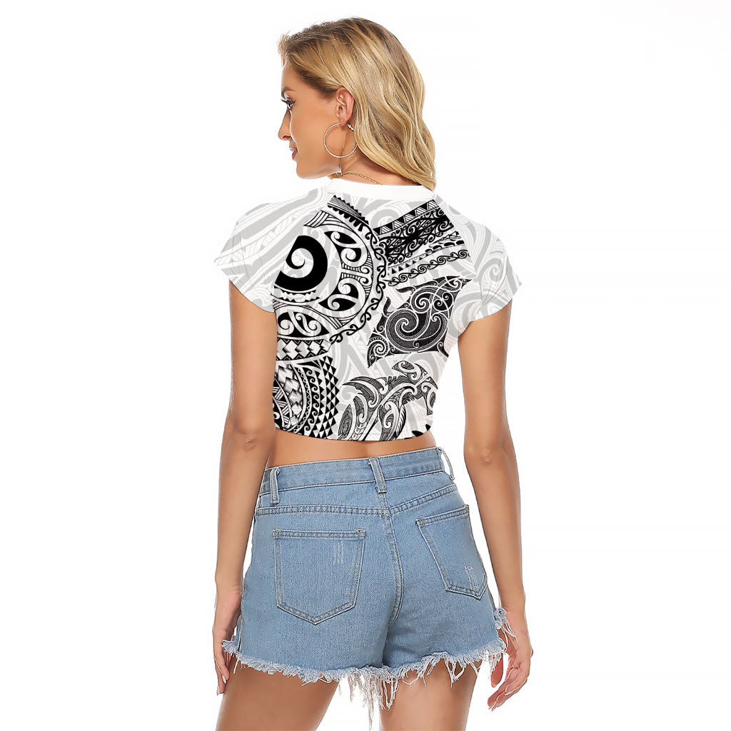 Aotearoa Maori Sea Animals Tribal Raglan Cropped T Shirt Manta Ray and Shark Moko Pattern White Color