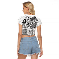 Aotearoa Maori Sea Animals Tribal Raglan Cropped T Shirt Manta Ray and Shark Moko Pattern White Color