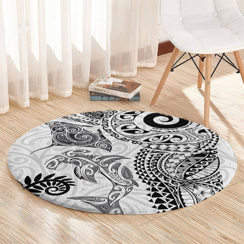 Aotearoa Maori Sea Animals Tribal Round Carpet Manta Ray and Shark Moko Pattern White Color