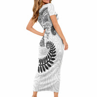 Aotearoa Maori Sea Animals Tribal Short Sleeve Bodycon Dress Manta Ray and Shark Moko Pattern White Color LT03 - Polynesian Pride