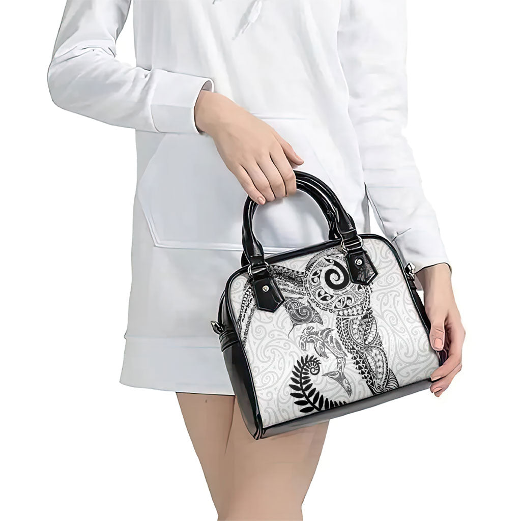 Aotearoa Maori Sea Animals Tribal Shoulder Handbag Manta Ray and Shark Moko Pattern White Color
