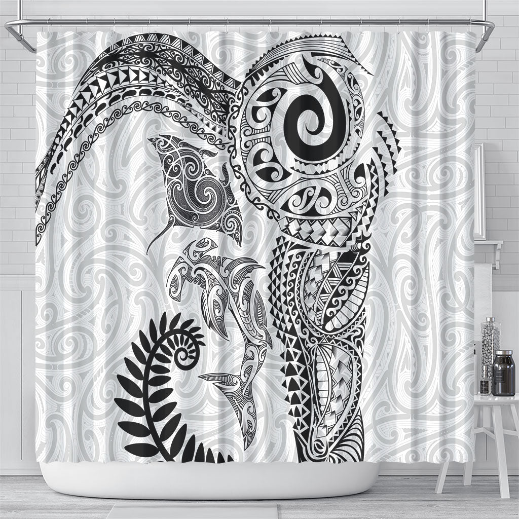 Aotearoa Maori Sea Animals Tribal Shower Curtain Manta Ray and Shark Moko Pattern White Color