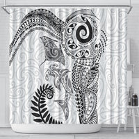 Aotearoa Maori Sea Animals Tribal Shower Curtain Manta Ray and Shark Moko Pattern White Color