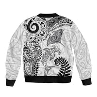 Aotearoa Maori Sea Animals Tribal Sleeve Zip Bomber Jacket Manta Ray and Shark Moko Pattern White Color