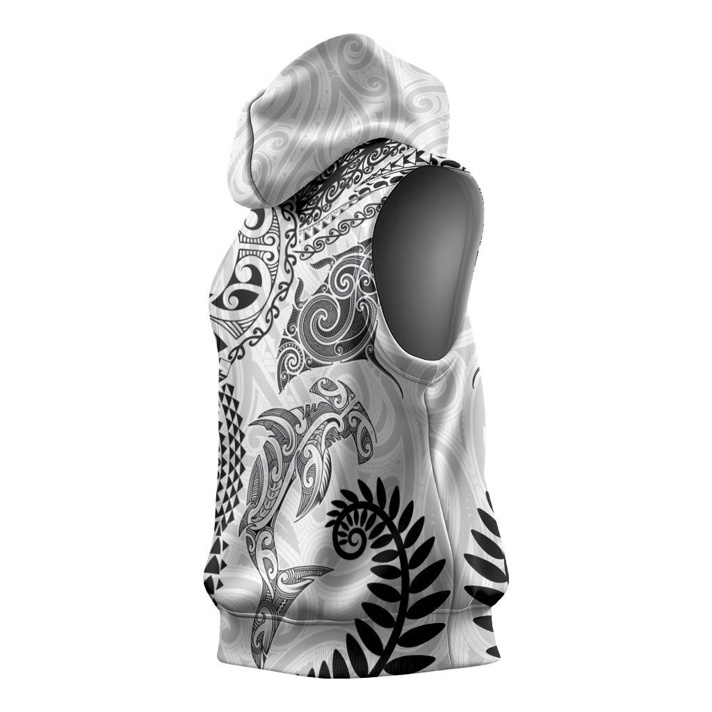 Aotearoa Maori Sea Animals Tribal Sleeveless Hoodie Manta Ray and Shark Moko Pattern White Color