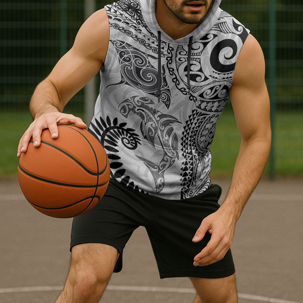 Aotearoa Maori Sea Animals Tribal Sleeveless Hoodie Manta Ray and Shark Moko Pattern White Color