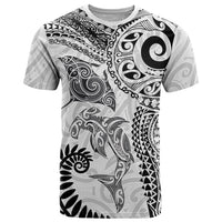 Aotearoa Maori Sea Animals Tribal T Shirt Manta Ray and Shark Moko Pattern White Color
