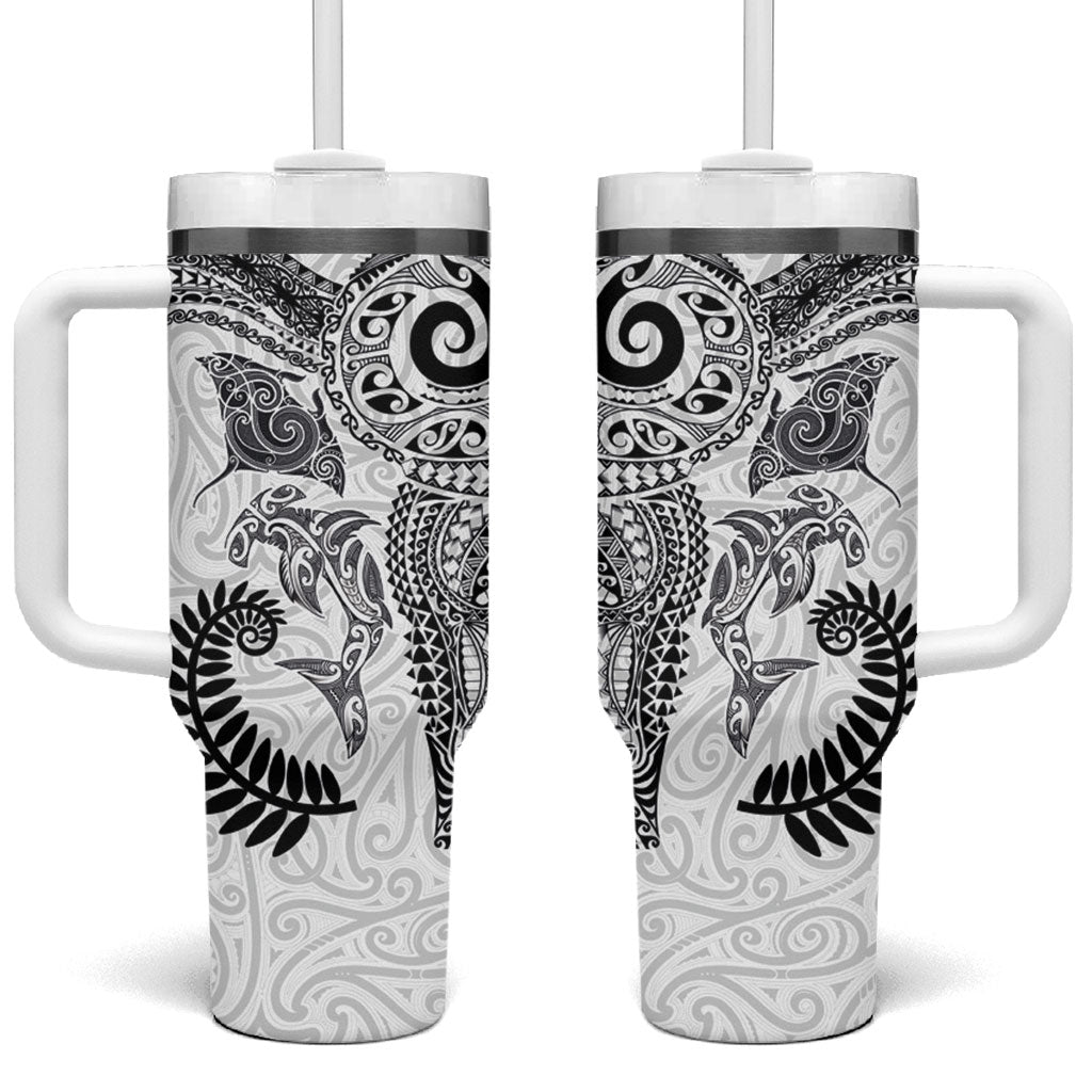 Aotearoa Maori Sea Animals Tribal Tumbler With Handle Manta Ray and Shark Moko Pattern White Color