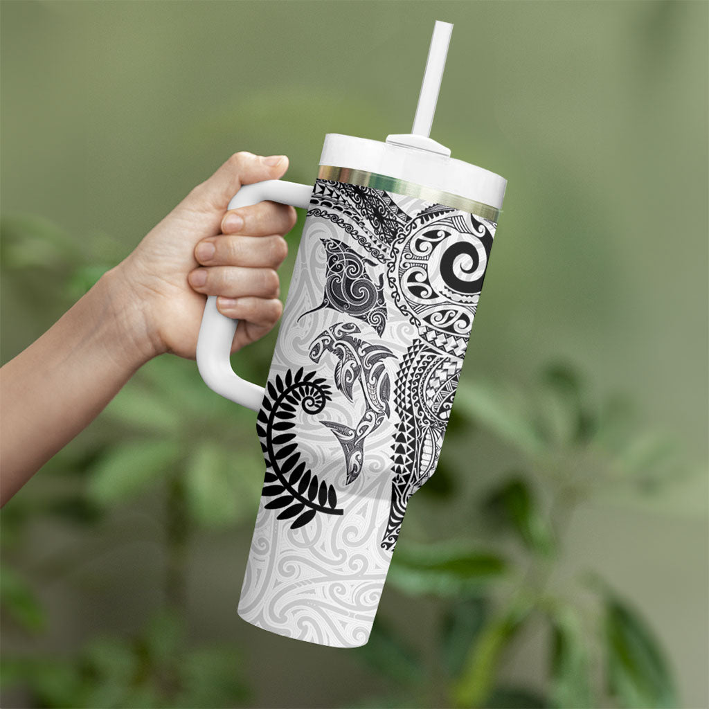 Aotearoa Maori Sea Animals Tribal Tumbler With Handle Manta Ray and Shark Moko Pattern White Color