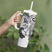Aotearoa Maori Sea Animals Tribal Tumbler With Handle Manta Ray and Shark Moko Pattern White Color