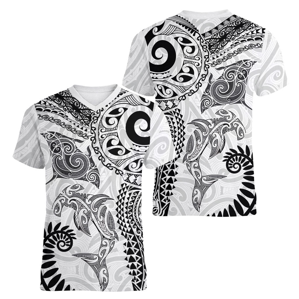 Aotearoa Maori Sea Animals Tribal Women V-Neck T-Shirt Manta Ray and Shark Moko Pattern White Color LT03 - Polynesian Pride