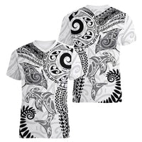 Aotearoa Maori Sea Animals Tribal Women V-Neck T-Shirt Manta Ray and Shark Moko Pattern White Color LT03 - Polynesian Pride