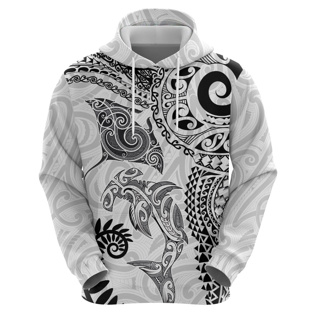 Aotearoa Maori Sea Animals Tribal Zip Hoodie Manta Ray and Shark Moko Pattern White Color