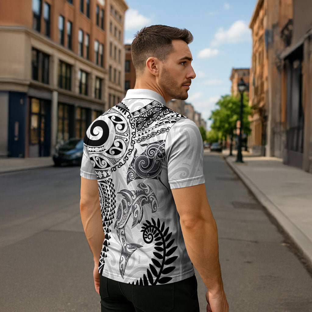 Aotearoa Maori Sea Animals Tribal Zipper Polo Shirt Manta Ray and Shark Moko Pattern White Color