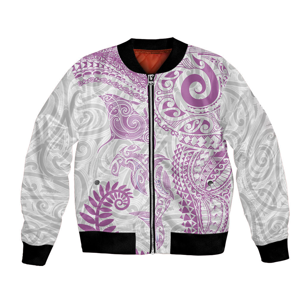 Aotearoa Maori Sea Animals Tribal Bomber Jacket Manta Ray and Shark Moko Pattern Pink Color