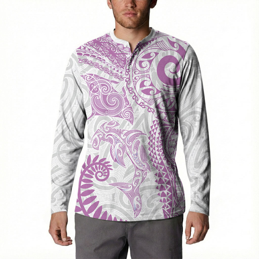 Aotearoa Maori Sea Animals Tribal Button Sweatshirt Manta Ray and Shark Moko Pattern Pink Color