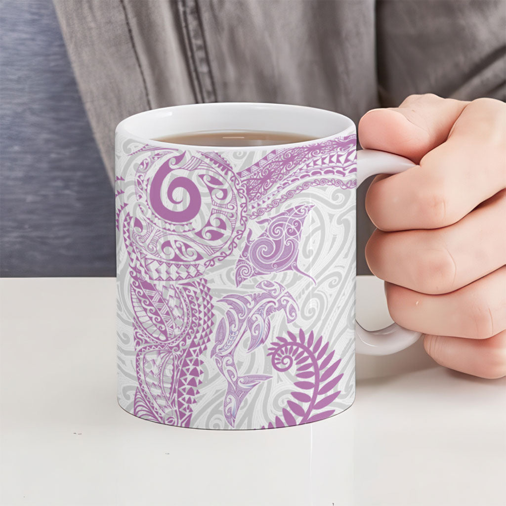 Aotearoa Maori Sea Animals Tribal Ceramic Mug Manta Ray and Shark Moko Pattern Pink Color