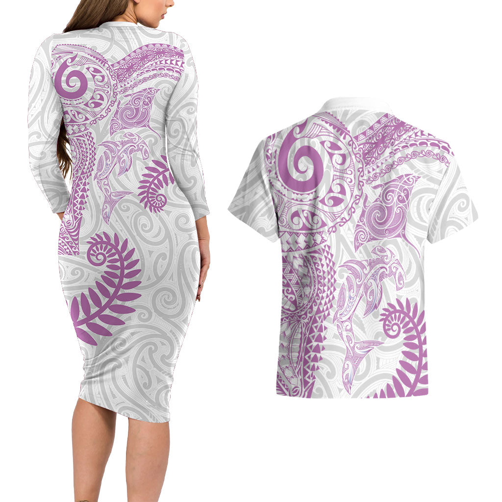 Aotearoa Maori Sea Animals Tribal Couples Matching Long Sleeve Bodycon Dress and Hawaiian Shirt Manta Ray and Shark Moko Pattern Pink Color LT03 - Polynesian Pride
