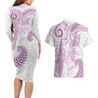 Aotearoa Maori Sea Animals Tribal Couples Matching Long Sleeve Bodycon Dress and Hawaiian Shirt Manta Ray and Shark Moko Pattern Pink Color LT03 - Polynesian Pride