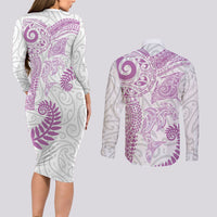 Aotearoa Maori Sea Animals Tribal Couples Matching Long Sleeve Bodycon Dress and Long Sleeve Button Shirt Manta Ray and Shark Moko Pattern Pink Color LT03 - Polynesian Pride