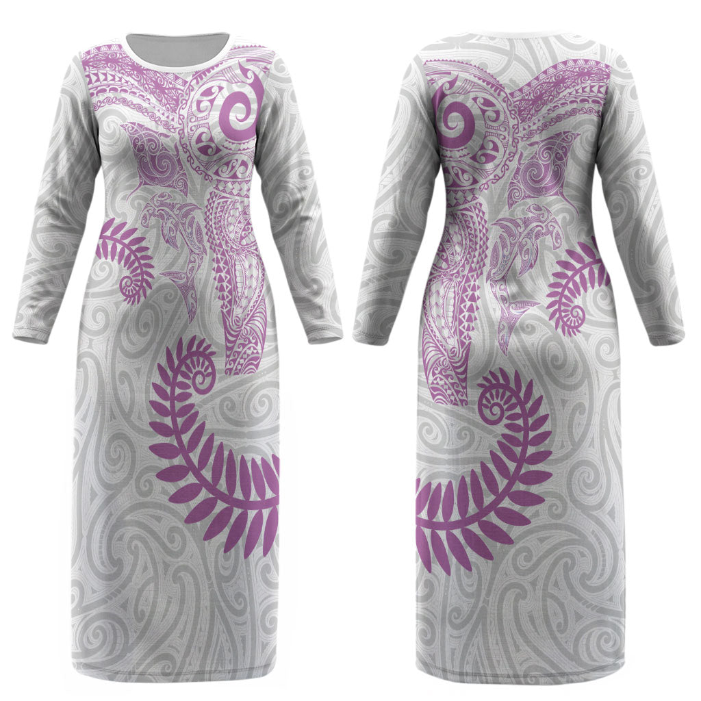 Aotearoa Maori Sea Animals Tribal Couples Matching Long Sleeve Bodycon Dress and Long Sleeve Button Shirt Manta Ray and Shark Moko Pattern Pink Color LT03 - Polynesian Pride