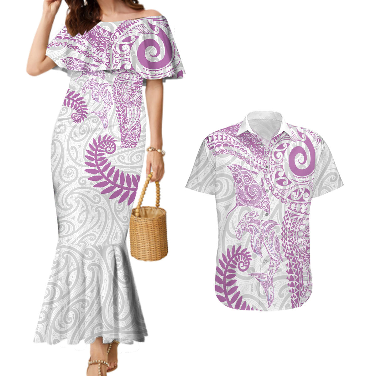 Aotearoa Maori Sea Animals Tribal Couples Matching Mermaid Dress and Hawaiian Shirt Manta Ray and Shark Moko Pattern Pink Color