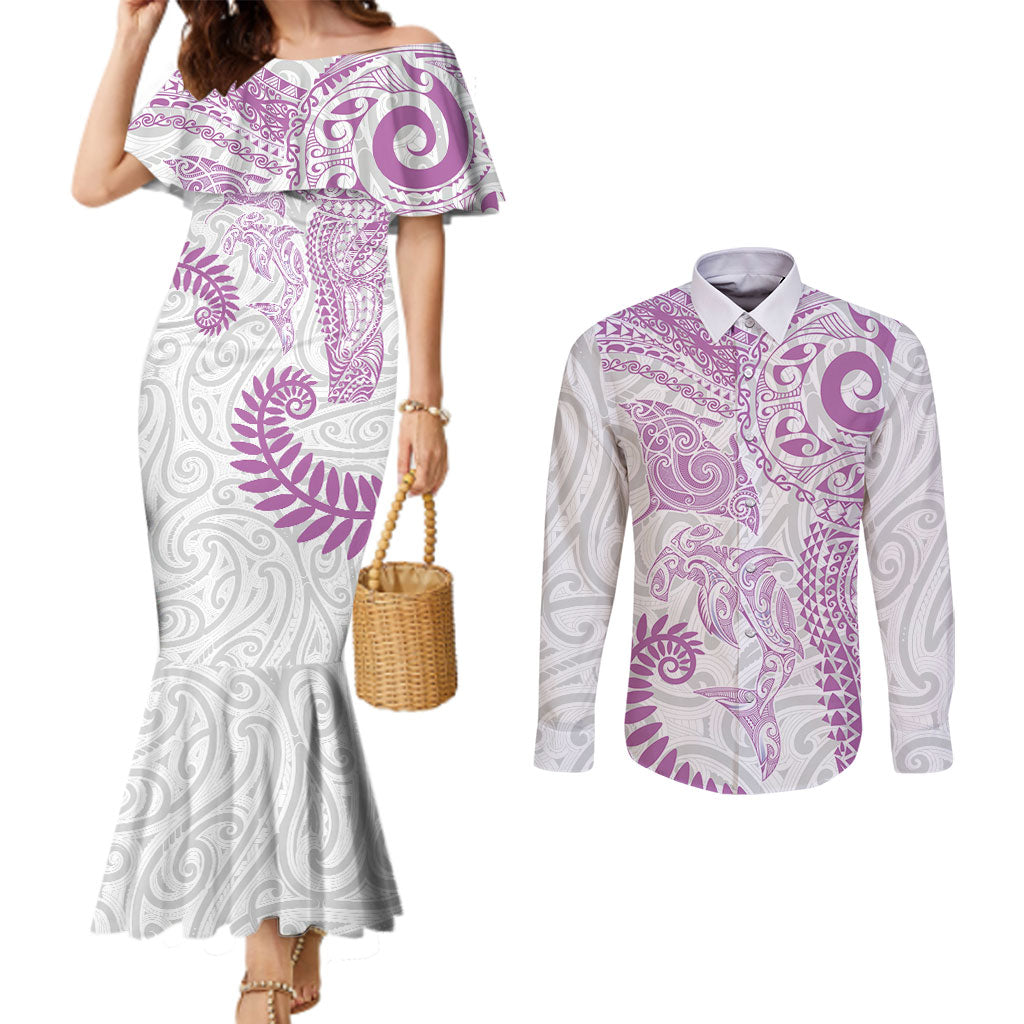 Aotearoa Maori Sea Animals Tribal Couples Matching Mermaid Dress and Long Sleeve Button Shirt Manta Ray and Shark Moko Pattern Pink Color
