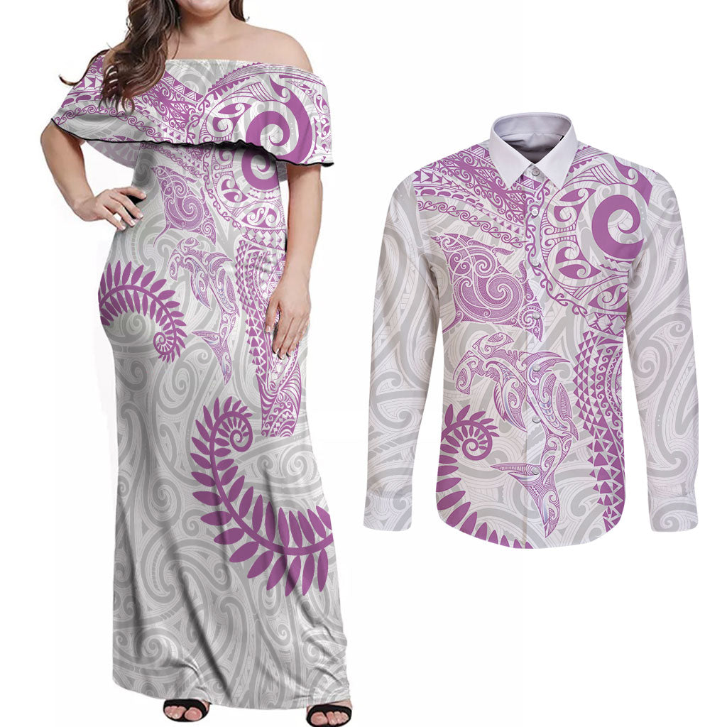 Aotearoa Maori Sea Animals Tribal Couples Matching Off Shoulder Maxi Dress and Long Sleeve Button Shirt Manta Ray and Shark Moko Pattern Pink Color LT03 Pink - Polynesian Pride