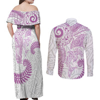 Aotearoa Maori Sea Animals Tribal Couples Matching Off Shoulder Maxi Dress and Long Sleeve Button Shirt Manta Ray and Shark Moko Pattern Pink Color LT03 - Polynesian Pride