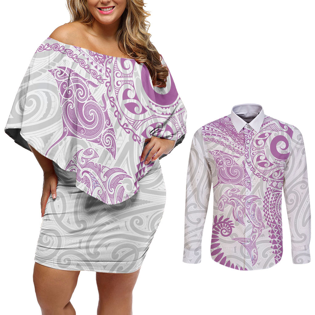Aotearoa Maori Sea Animals Tribal Couples Matching Off Shoulder Short Dress and Long Sleeve Button Shirt Manta Ray and Shark Moko Pattern Pink Color LT03 Pink - Polynesian Pride