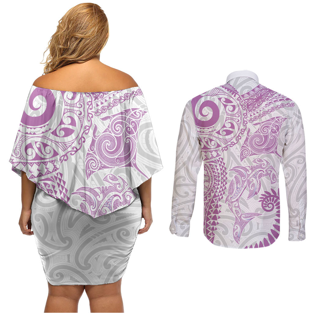 Aotearoa Maori Sea Animals Tribal Couples Matching Off Shoulder Short Dress and Long Sleeve Button Shirt Manta Ray and Shark Moko Pattern Pink Color LT03 - Polynesian Pride