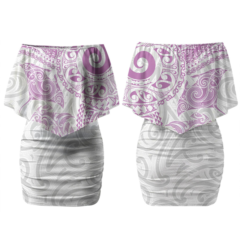 Aotearoa Maori Sea Animals Tribal Couples Matching Off Shoulder Short Dress and Long Sleeve Button Shirt Manta Ray and Shark Moko Pattern Pink Color LT03 - Polynesian Pride