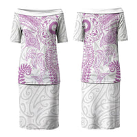 Aotearoa Maori Sea Animals Tribal Couples Matching Puletasi and Long Sleeve Button Shirt Manta Ray and Shark Moko Pattern Pink Color LT03 - Polynesian Pride