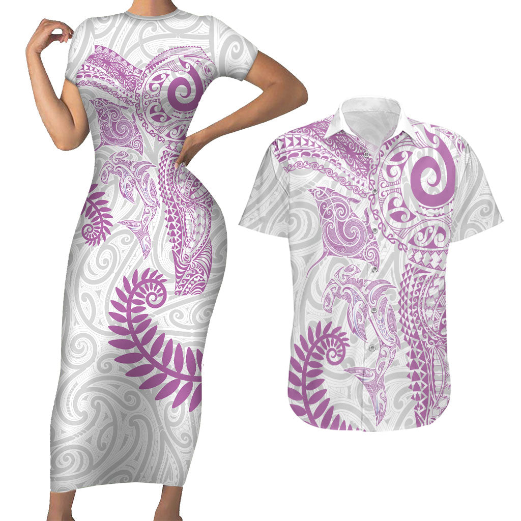 Aotearoa Maori Sea Animals Tribal Couples Matching Short Sleeve Bodycon Dress and Hawaiian Shirt Manta Ray and Shark Moko Pattern Pink Color LT03 Pink - Polynesian Pride
