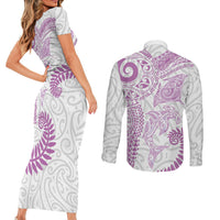 Aotearoa Maori Sea Animals Tribal Couples Matching Short Sleeve Bodycon Dress and Long Sleeve Button Shirt Manta Ray and Shark Moko Pattern Pink Color LT03 - Polynesian Pride