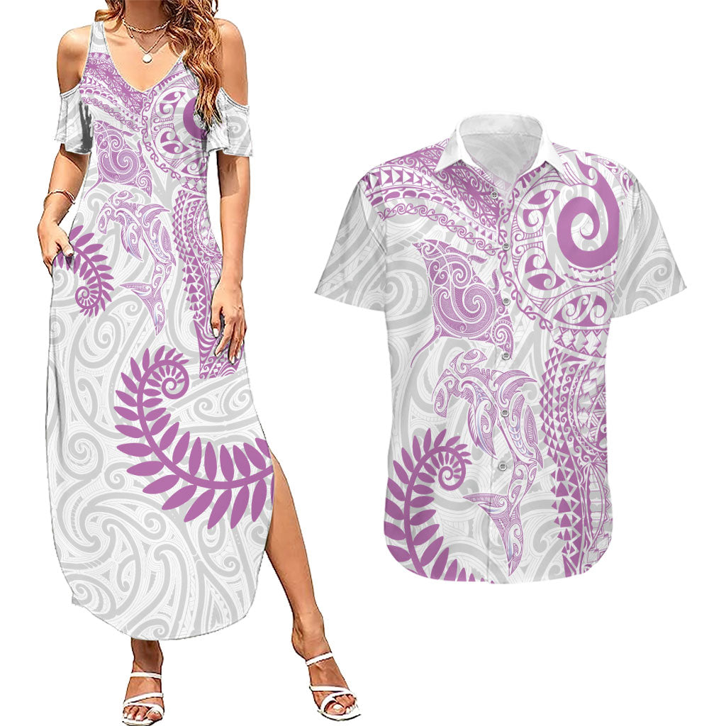 Aotearoa Maori Sea Animals Tribal Couples Matching Summer Maxi Dress and Hawaiian Shirt Manta Ray and Shark Moko Pattern Pink Color