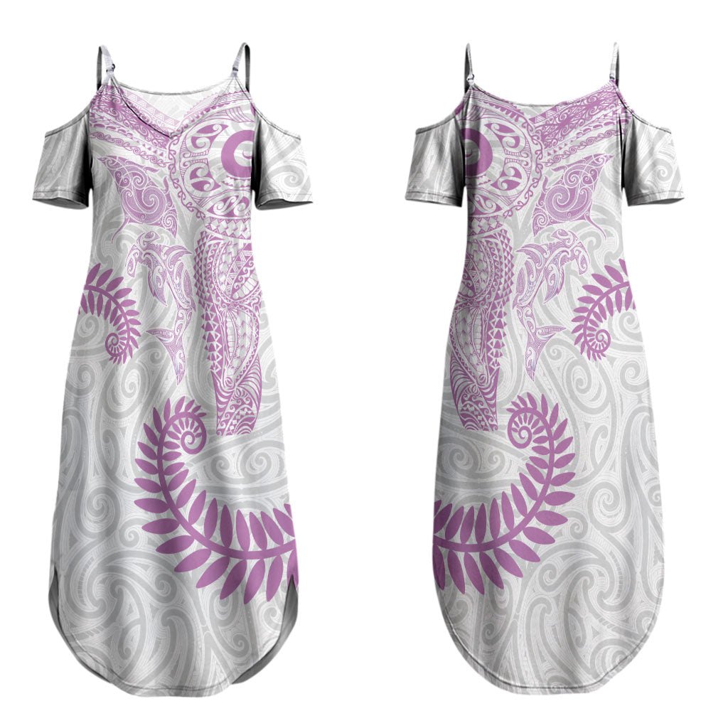 Aotearoa Maori Sea Animals Tribal Couples Matching Summer Maxi Dress and Long Sleeve Button Shirt Manta Ray and Shark Moko Pattern Pink Color LT03 - Polynesian Pride