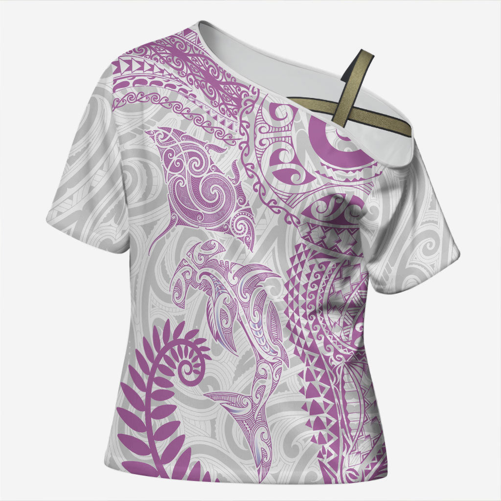 Aotearoa Maori Sea Animals Tribal Cross Shoulder Shirt Manta Ray and Shark Moko Pattern Pink Color