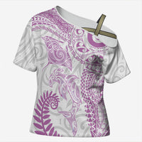 Aotearoa Maori Sea Animals Tribal Cross Shoulder Shirt Manta Ray and Shark Moko Pattern Pink Color