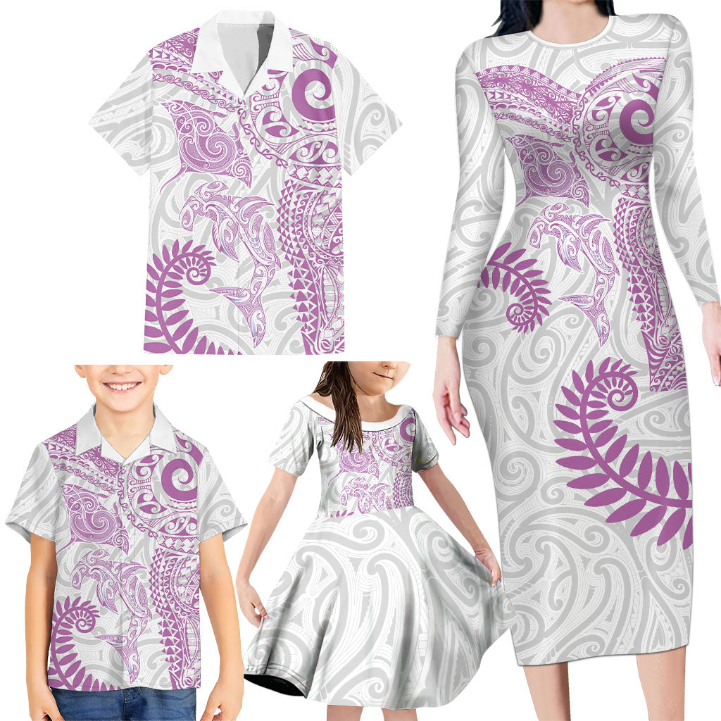 Aotearoa Maori Sea Animals Tribal Family Matching Long Sleeve Bodycon Dress and Hawaiian Shirt Manta Ray and Shark Moko Pattern Pink Color LT03 - Polynesian Pride