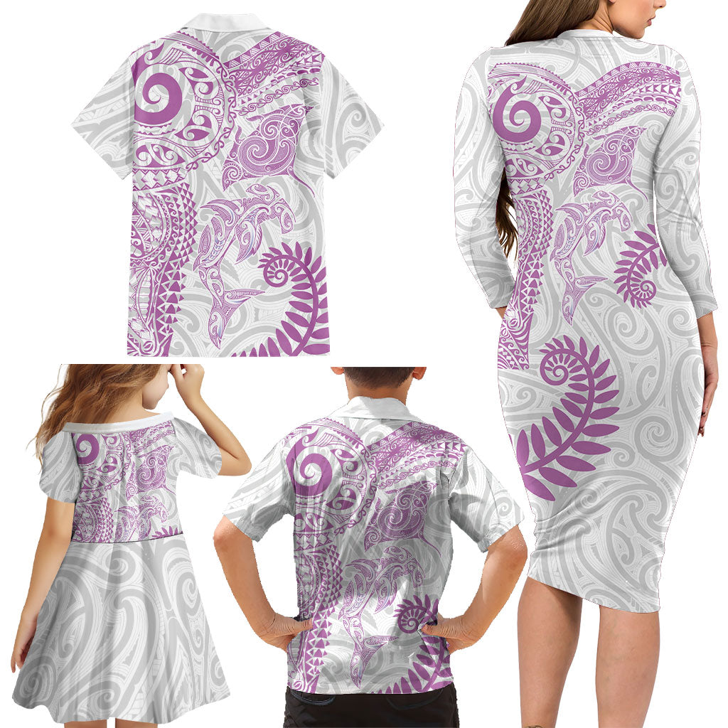 Aotearoa Maori Sea Animals Tribal Family Matching Long Sleeve Bodycon Dress and Hawaiian Shirt Manta Ray and Shark Moko Pattern Pink Color LT03 - Polynesian Pride